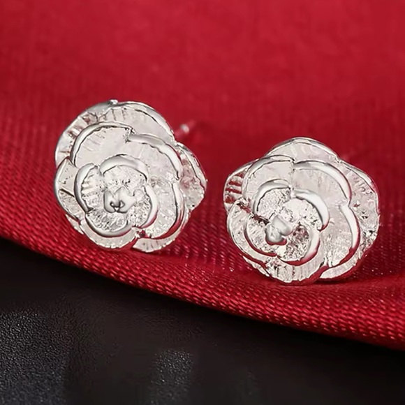 Jewelry - Silver Rose Blossom Earrings with Sparkling Accents
